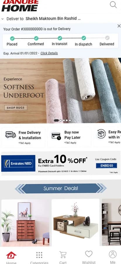 Home screen with a dismissible order-status stepper from Placed to Delivered, campaign banners and a bottom tab bar.