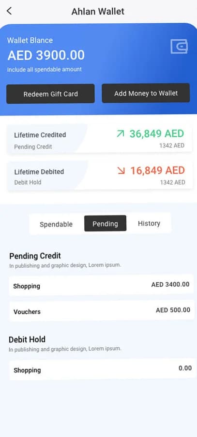 Ahlan Wallet: balance card with Redeem Gift Card and Add Money buttons, lifetime credited and debited totals, and Spendable, Pending and History tabs.